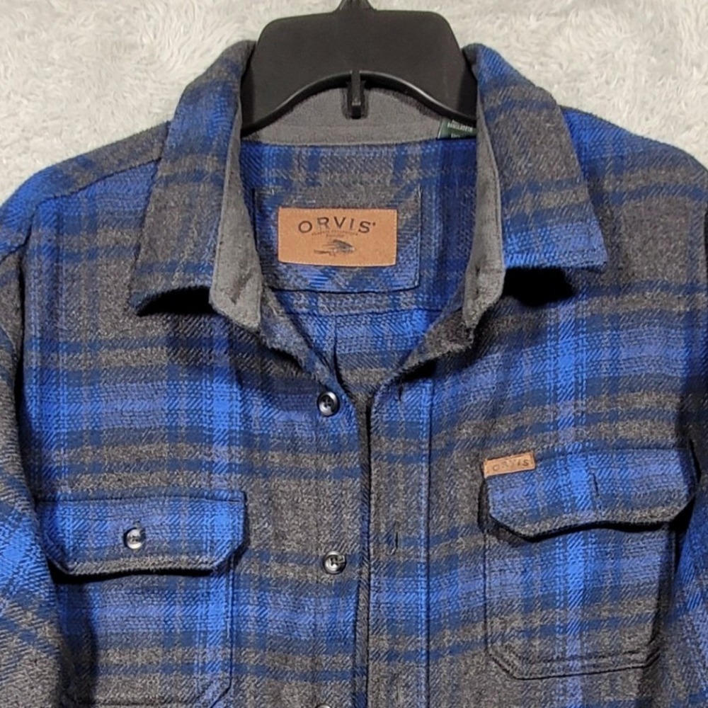 Orvis Flannel Shirt Jacket Mens Large‎ Blue Plaid Heavyweight Button Up Pockets